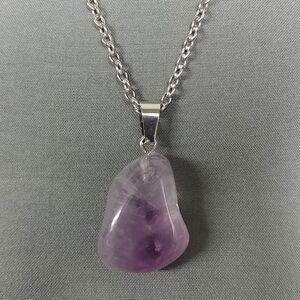 Purple Amethyst Necklace Natural Gemstone Pendant Stainless-Steel Necklace NEW